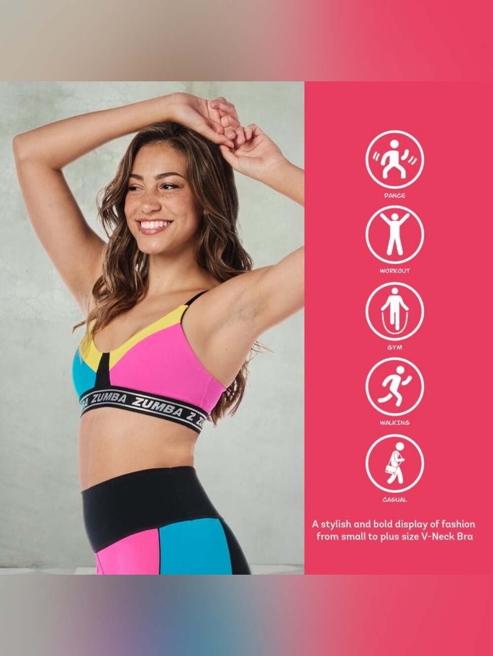 Zumba Glow Color-block Sports Bra size Large Lovely XXL XXLarge Blue Pink Yellow - Picture 4 of 8